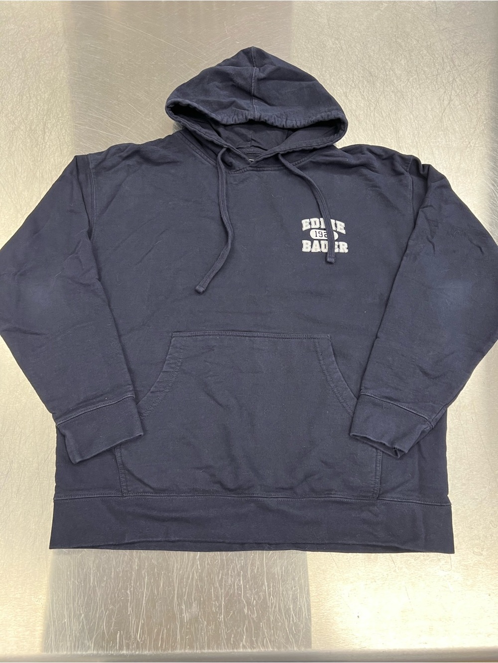 Eddie Bauer Navy Hooded Pullover Sweatshirt Design on Back Mens L
